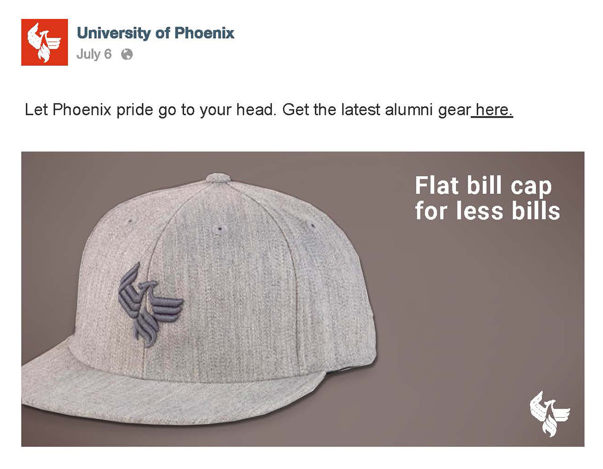 University of Phoenix Alumni Social Media Post Copywriting - Student Flat Bill Cap Hat