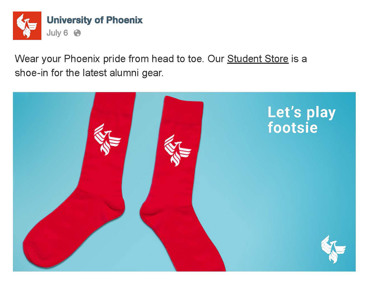 University of Phoenix Alumni Social Media Post Copywriting - Student Socks