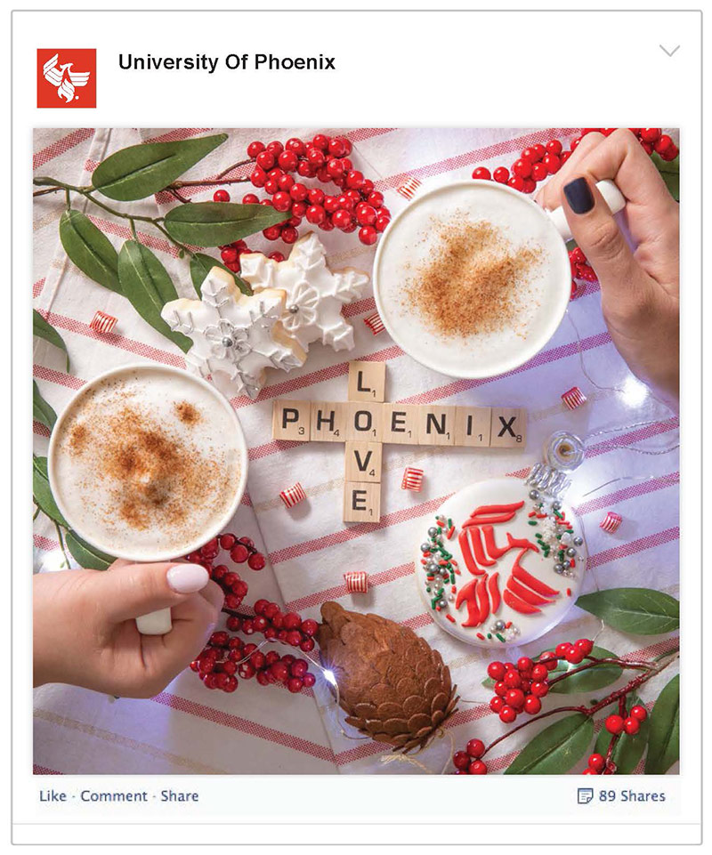 University of Phoenix Alumni Holiday Social Media Post Copywriting - Phoenix Love Scrabble