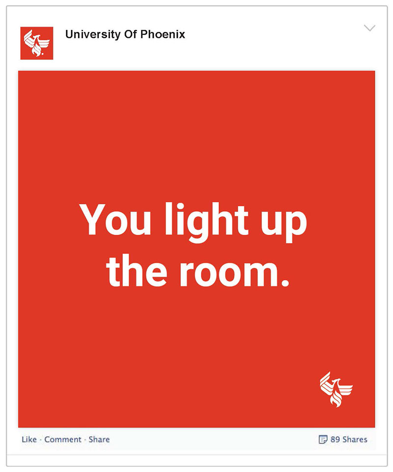 University of Phoenix Alumni Social Media Post Copywriting - You light up the room